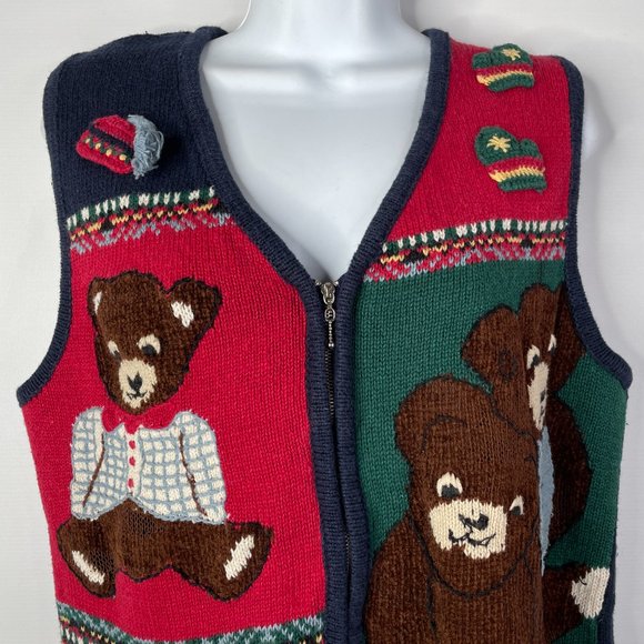 Vintage 90s Capacity Teddy Bear Sweater Vest Size M Red Blue Patchwork Zip Up - Picture 2 of 8